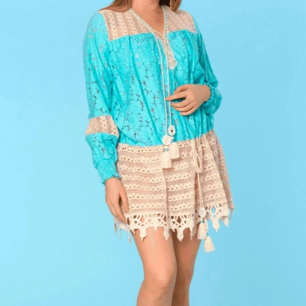 RANEES Aqua Blue CoverUp Dress Lace Crochet V-neck Tassels Mirrors Beach Medium